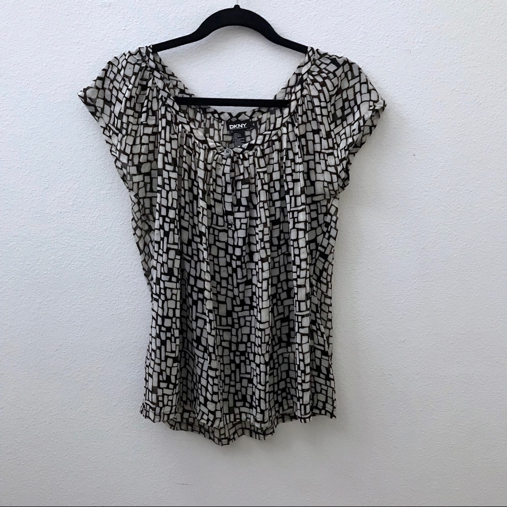 DKNY black cream patterned silk blouse shell